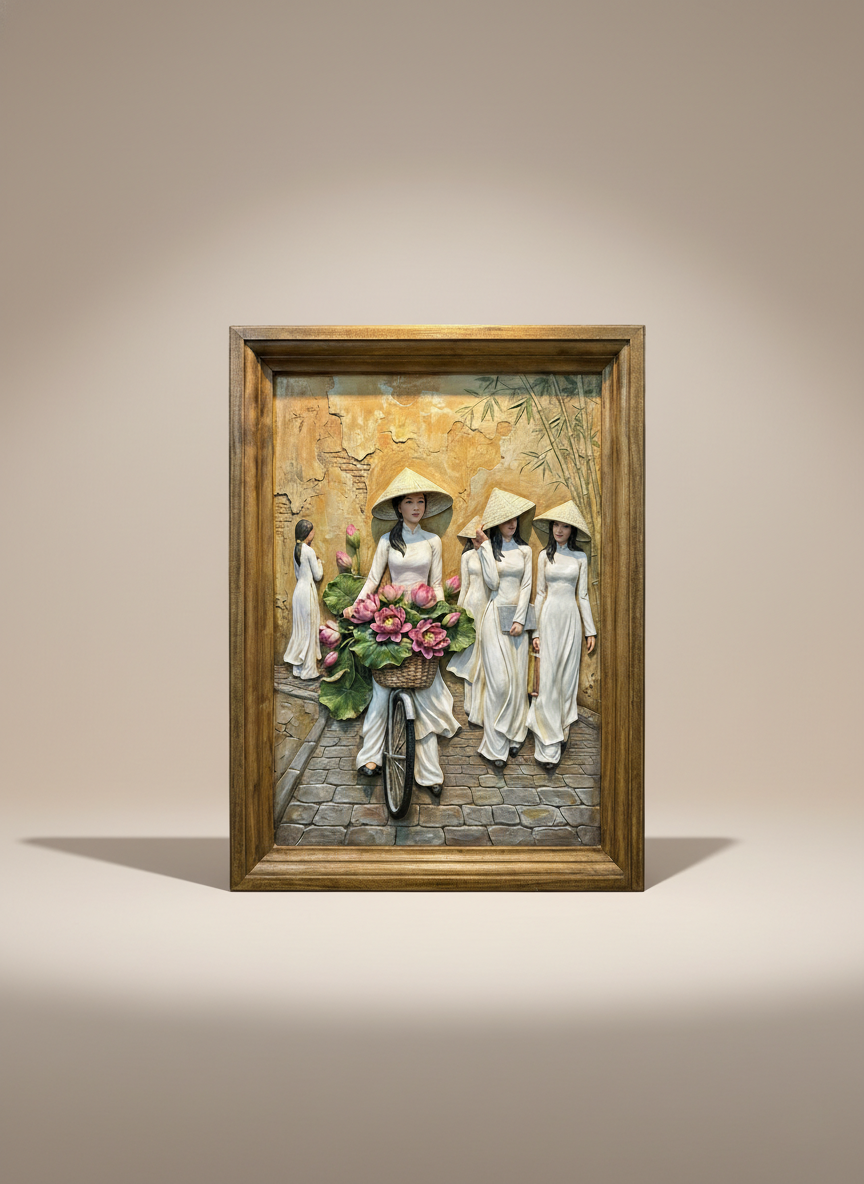 Vietnamese wall art with 3D relief craftsmanship, blending Vietnam print aesthetics and Vietnamese gift ideas.
