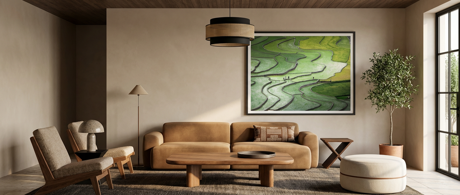 Vietnamese wall art in a modern living space, featuring a Vietnam oil painting and Vietnam print, ideal for Vietnamese gift ideas.