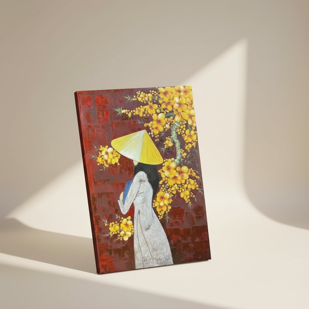 Vietnamese wall art featuring a hand-painted Vietnam oil painting inspired by traditional culture and Vietnamese gift ideas.