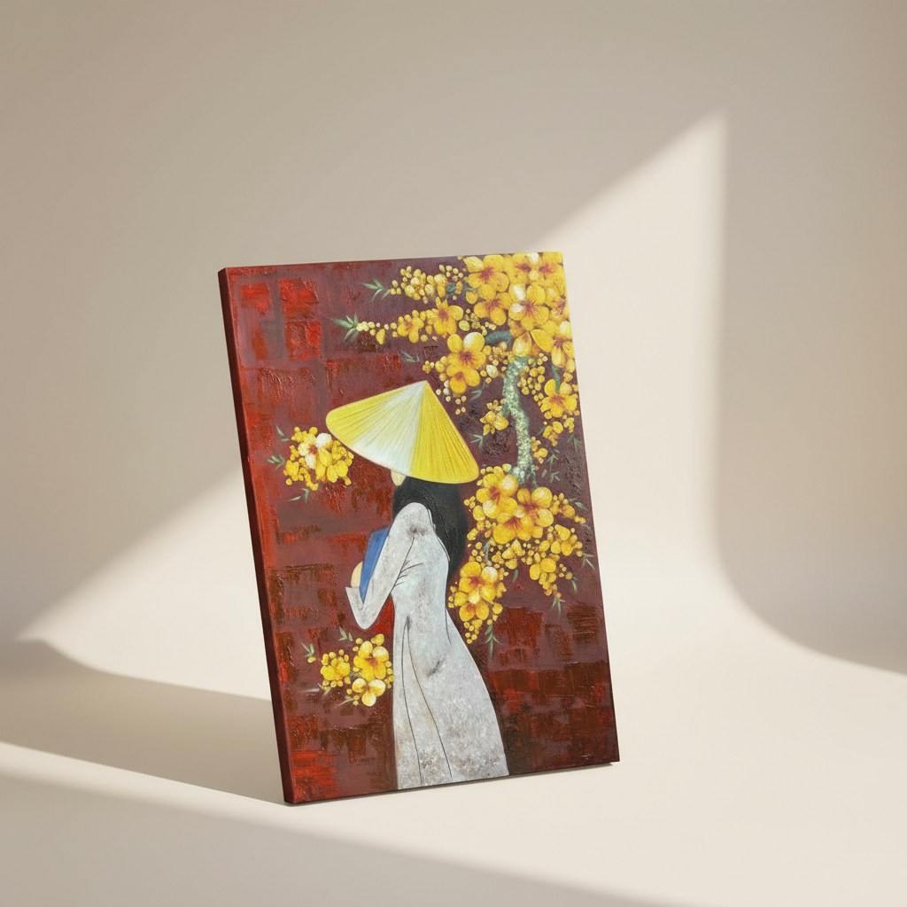 Vietnamese wall art featuring a hand-painted Vietnam oil painting inspired by traditional culture and Vietnamese gift ideas.