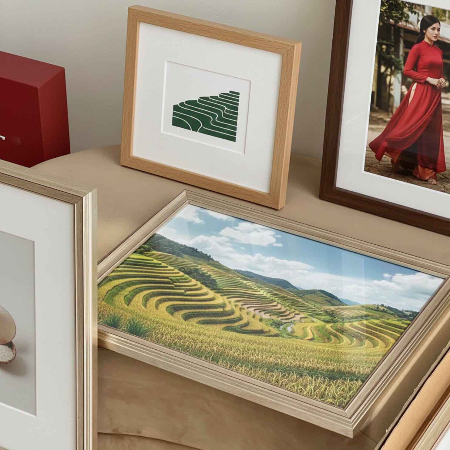 Vietnamese art framed with handcrafted wooden frames by Vietnam Painters at an Art in Saigon art workshop.