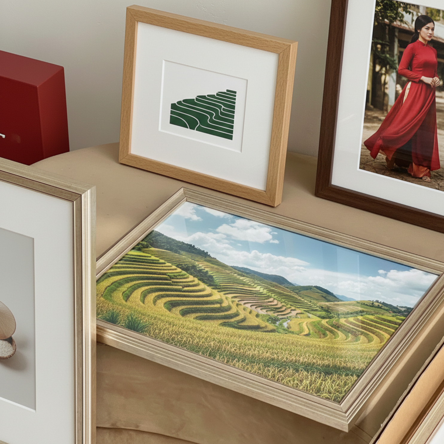 Vietnamese art framed with handcrafted wooden frames by Vietnam Painters at an Art in Saigon art workshop.