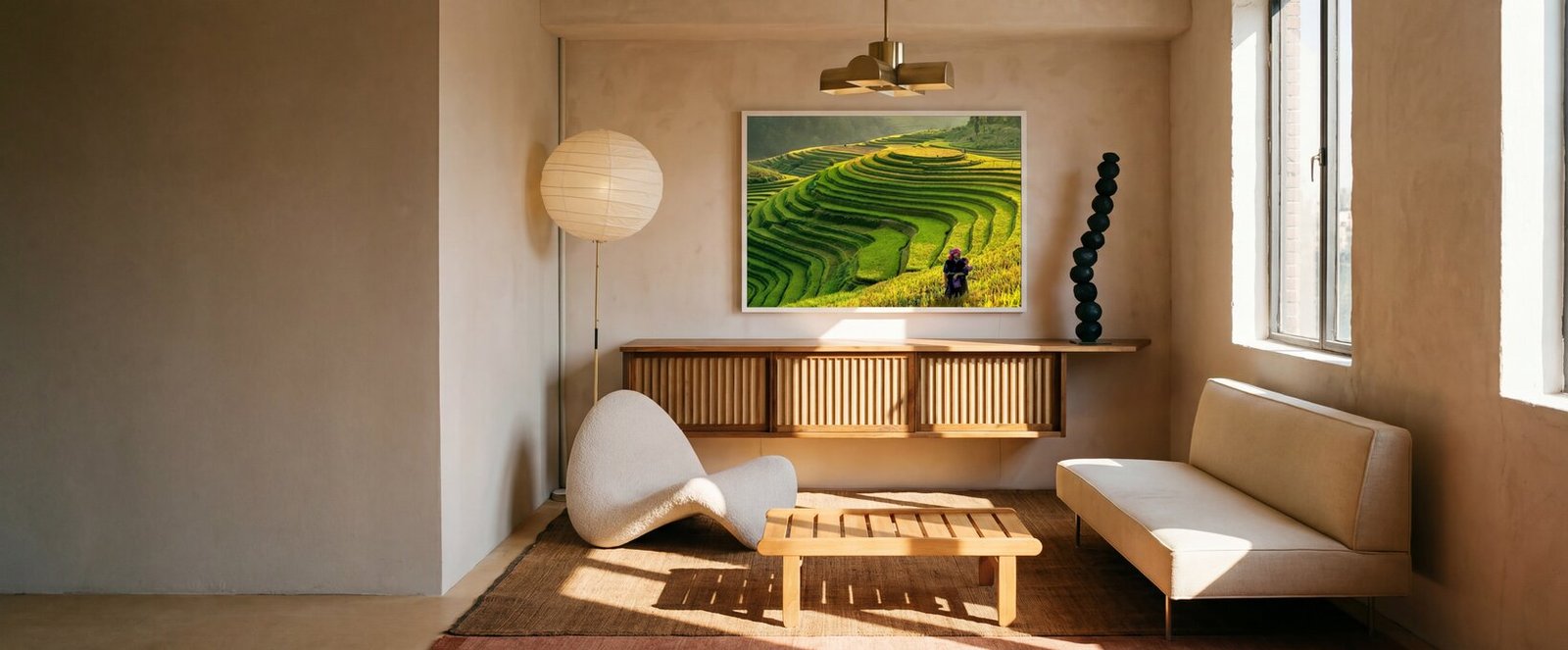 Vietnamese art painting displayed in a modern gallery interior by Art in Saigon, created by Vietnam painters through a handcrafted art workshop.