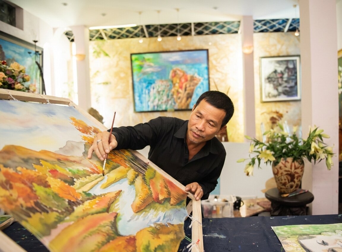 Vietnam Painters creating Vietnamese art on canvas at an Art in Saigon art workshop, showcasing hands-on craftsmanship.