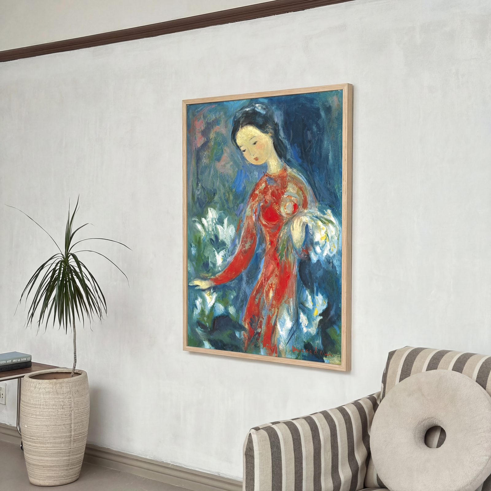Vietnamese art oil painting displayed in a living space, handcrafted by Vietnam Painters at an Art in Saigon art workshop.
