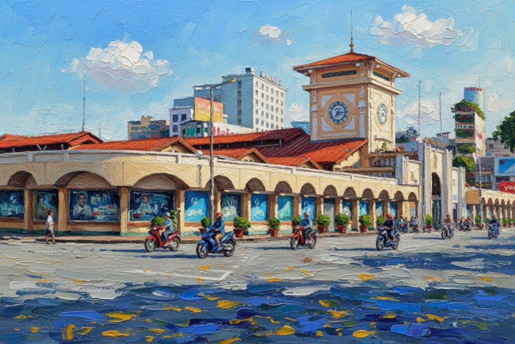 Handmade oil painting of sunny day at Ben Thanh Market with blue sky and motorbike traffic