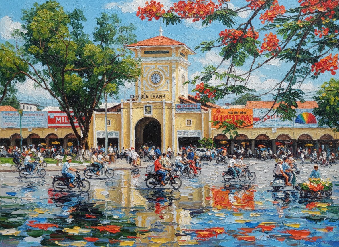 Handmade oil painting of vibrant summer scene at Ben Thanh Market with red Flamboyant flowers