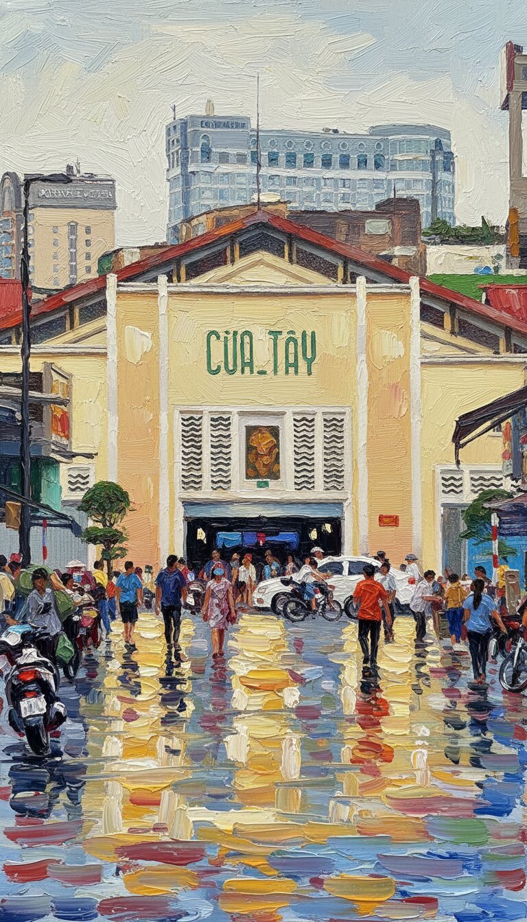 Handmade oil painting of vibrant Ben Thanh Market west gate street scene after monsoon rain