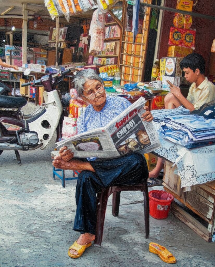 Handmade oil painting of authentic local vendor life at Ben Thanh Market reading newspaper
