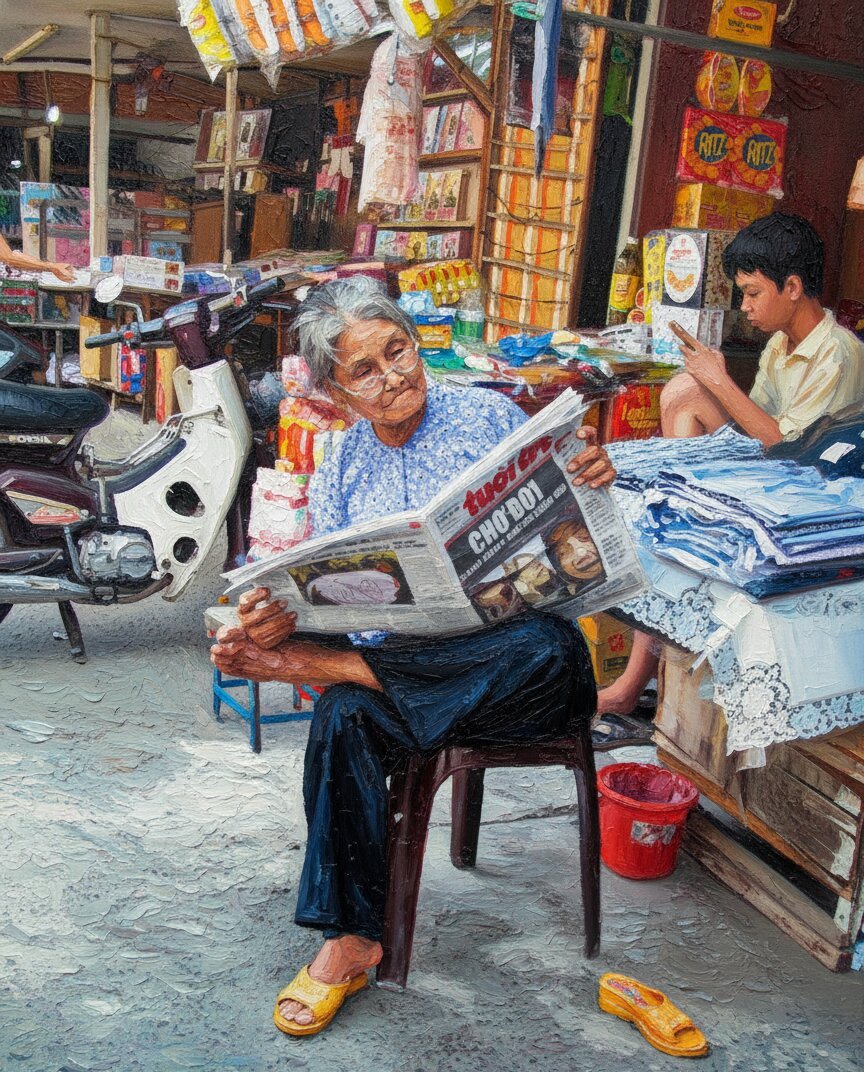 Handmade oil painting of authentic local vendor life at Ben Thanh Market reading newspaper