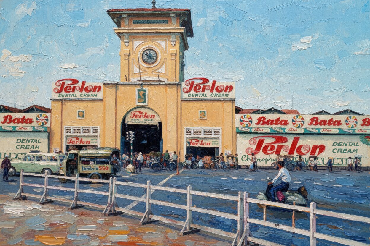 Handmade oil painting of nostalgic vintage Ben Thanh Market scene with retro signs and cyclo