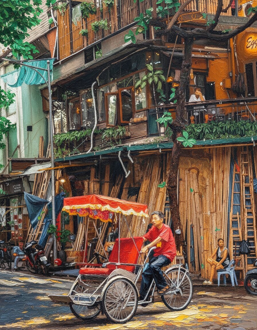 Handmade oil painting of traditional red cyclo taxi in Hanoi Old Quarter guild street