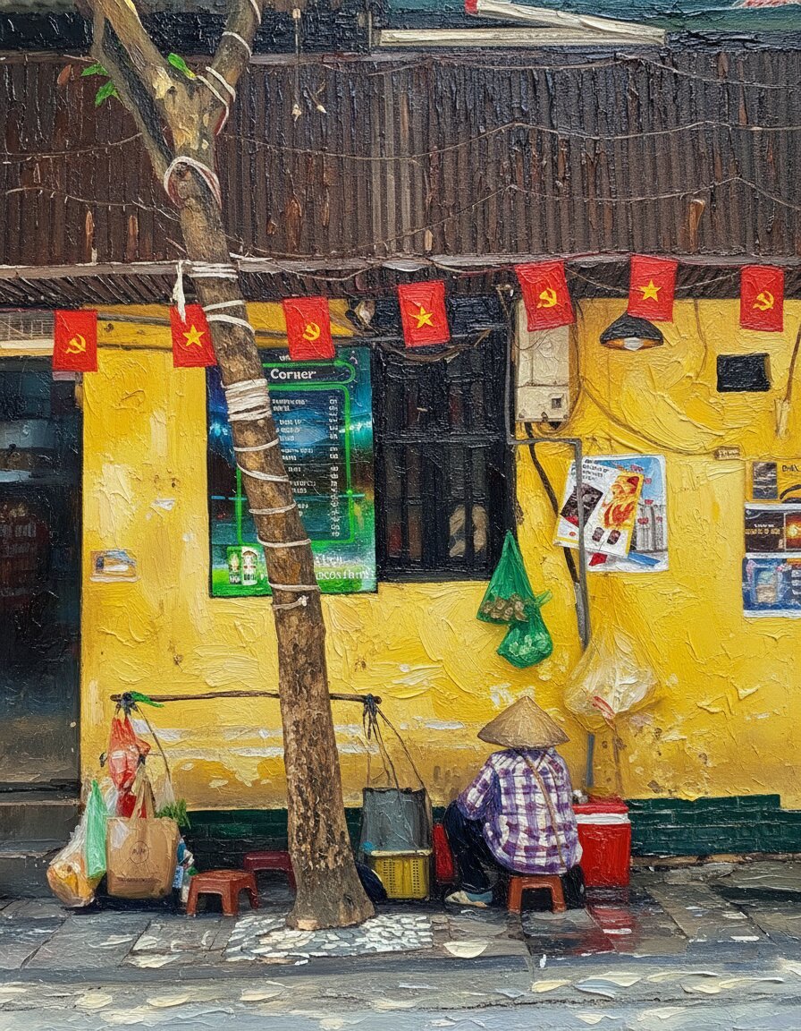 Handmade oil painting of intimate Hanoi Old Quarter street vendor scene with yellow wall and flags