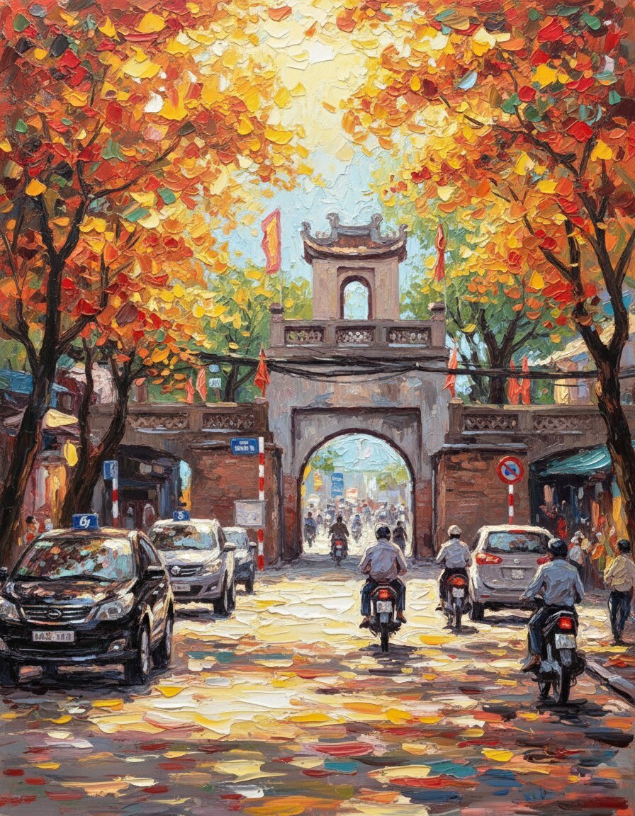 Handmade oil painting of the historic O Quan Chuong gate in Hanoi with golden autumn foliage