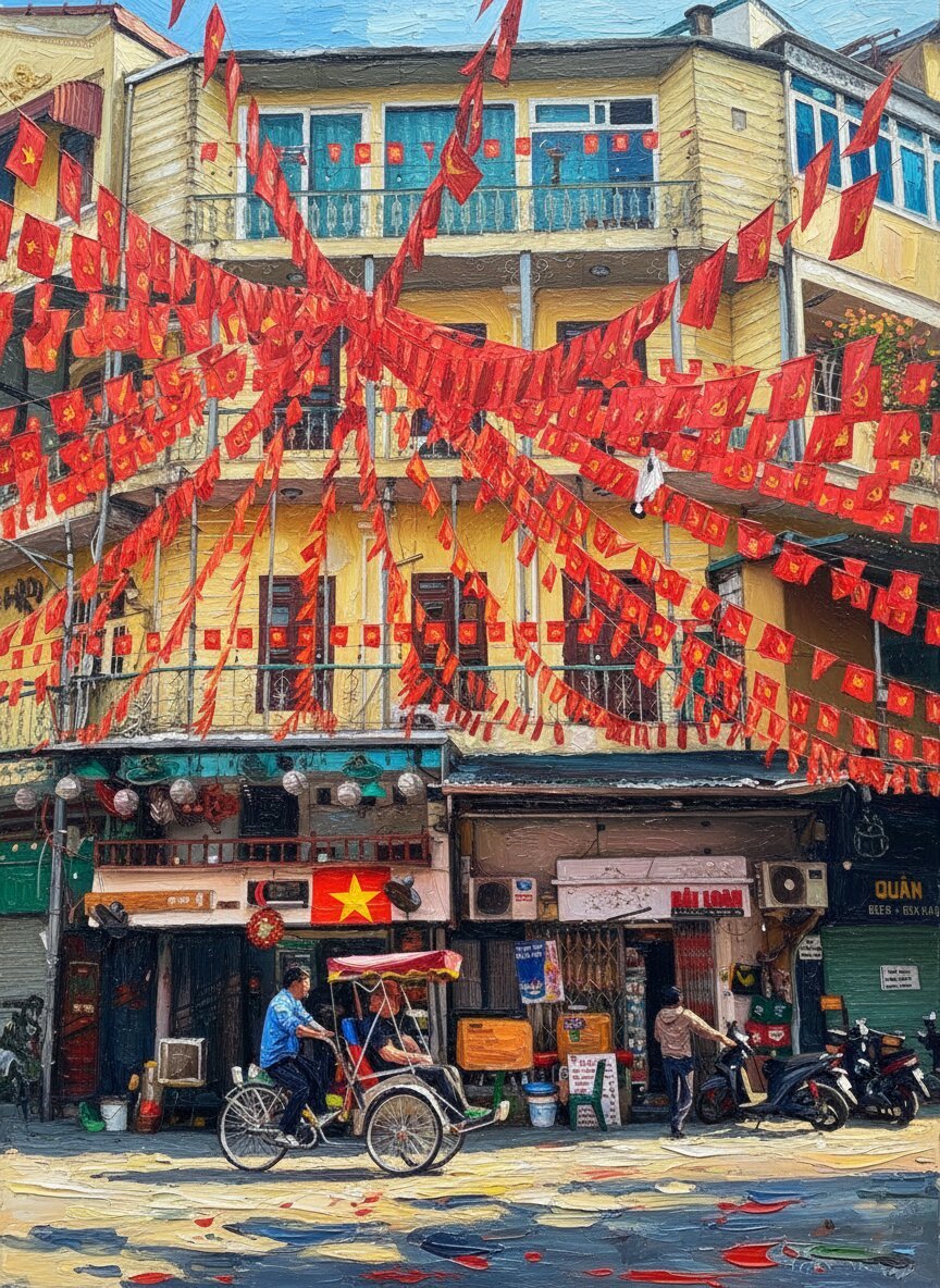 Handmade oil painting of festive red national flags draped across Hanoi Old Quarter street with cyclo