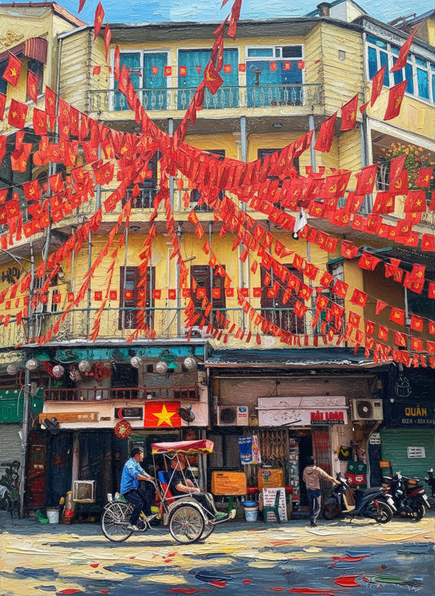 Hanoi Street Scene Artwork captures Old Quarter charm. Handcrafted by Artwork Vietnam. Perfect Vietnamese decor and a meaningful gift or souvenir.
