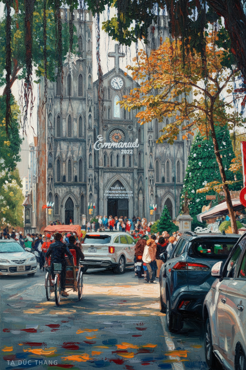 Discover the charm of Hanoi with this Atmospheric Hanoi Old Quarter Cathedral Artwork. Handcrafted by Vietnamese artists, ideal for meaningful home decoration.