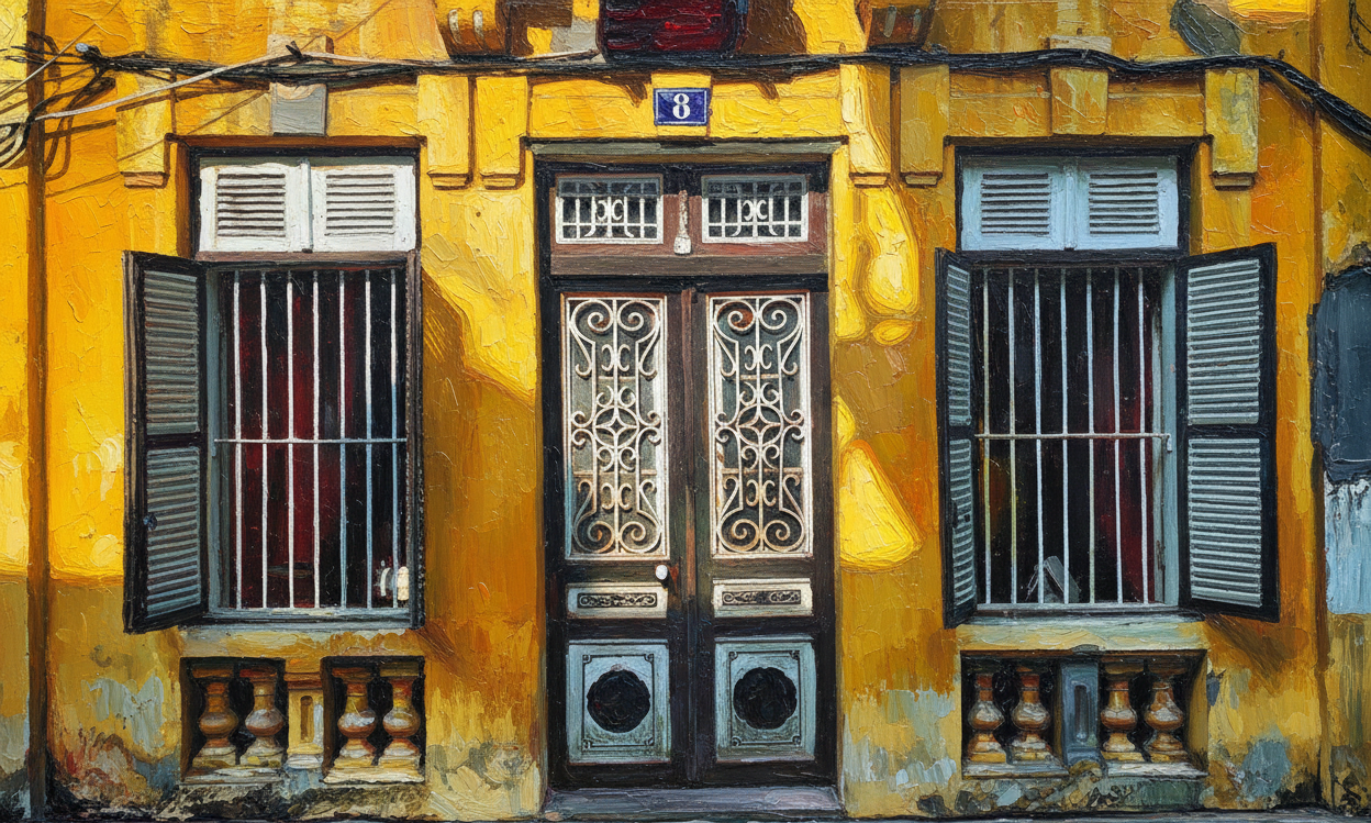 Traditional Hanoi House Artwork by Artwork Vietnam. A vibrant handmade oil painting, capturing Vietnamese heritage. Perfect for decor or as a unique gift.