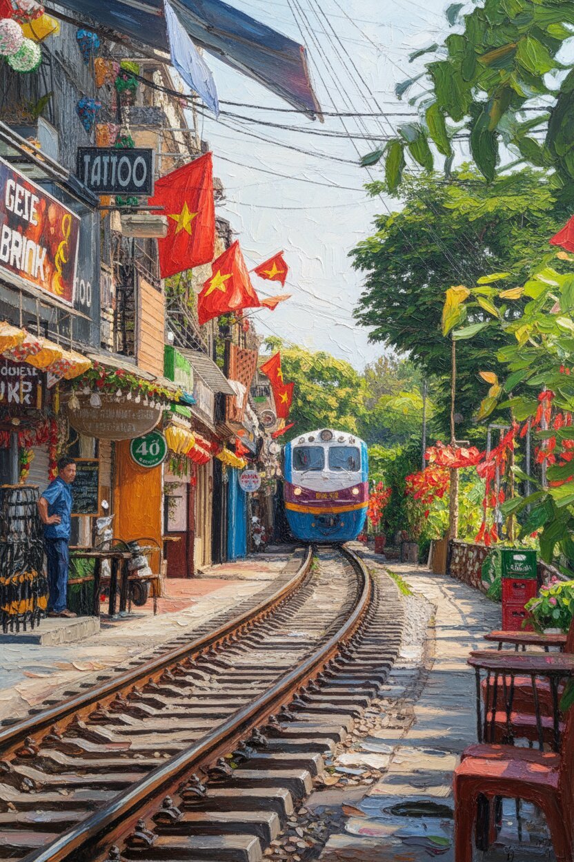 Handmade oil painting of iconic Hanoi train street with locomotive passing through narrow residential corridor