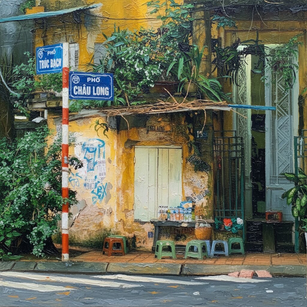Handmade oil painting of authentic Hanoi street corner with traditional tea stall and yellow walls