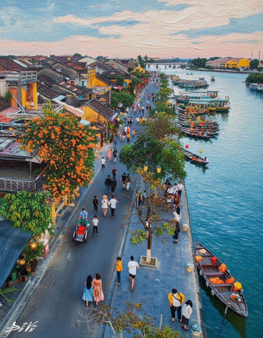 Handmade oil painting of the scenic riverside promenade in Hoi An with lanterns and boats