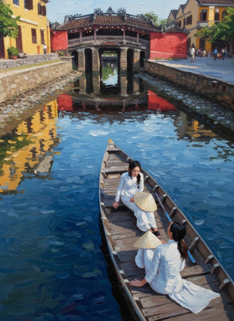 Handmade oil painting of the iconic Japanese Covered Bridge in Hoi An ancient town Vietnam