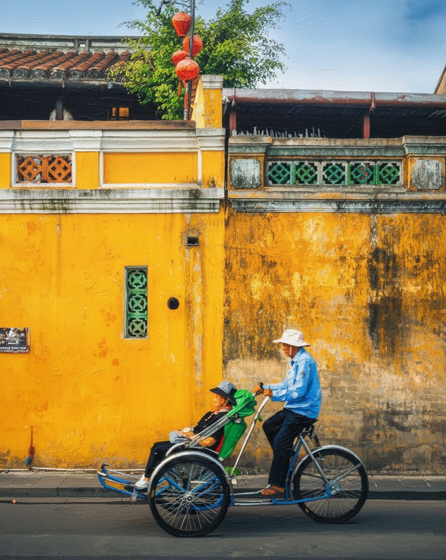 Handmade oil painting of a traditional cyclo ride through the ancient streets of Hoi An