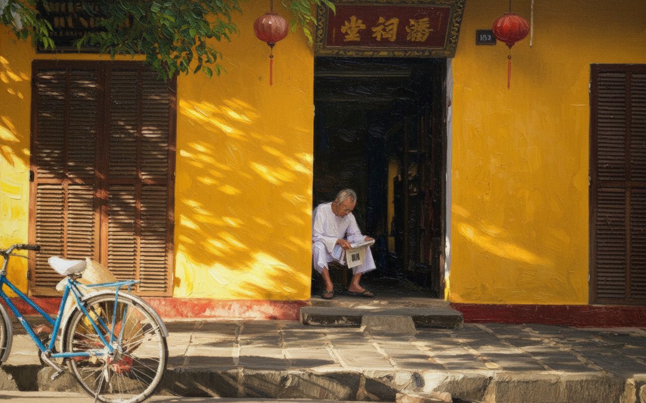 Handmade oil painting of a tranquil morning doorway scene in Hoi An with man reading newspaper