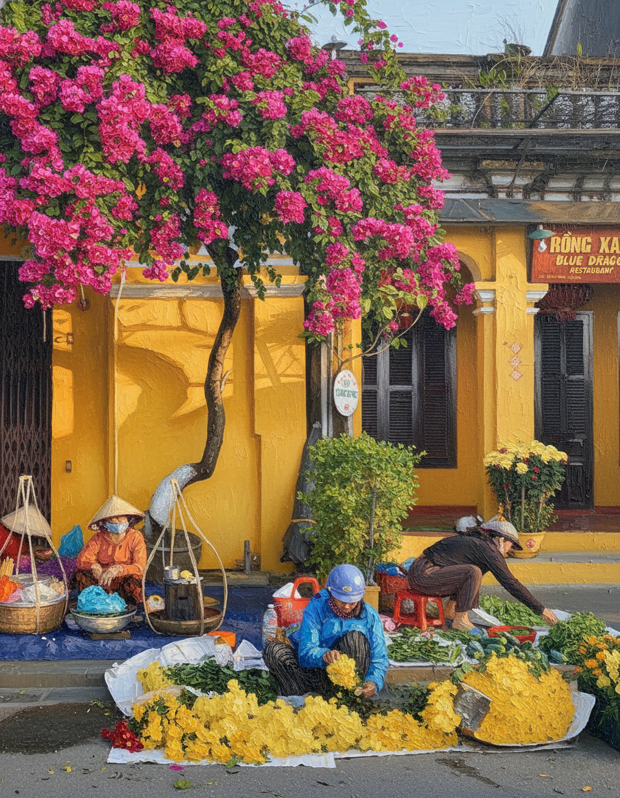 Brighten any space with this handmade Hoi An artwork, a captivating oil painting & art print by Artwork Vietnam. Authentic Vietnamese cultural decor.