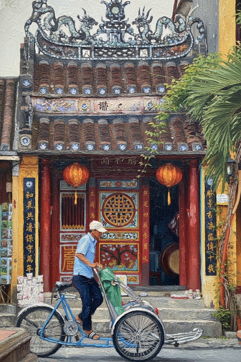 Handmade oil painting of ornate Chinese Assembly Hall architecture in Hoi An ancient town