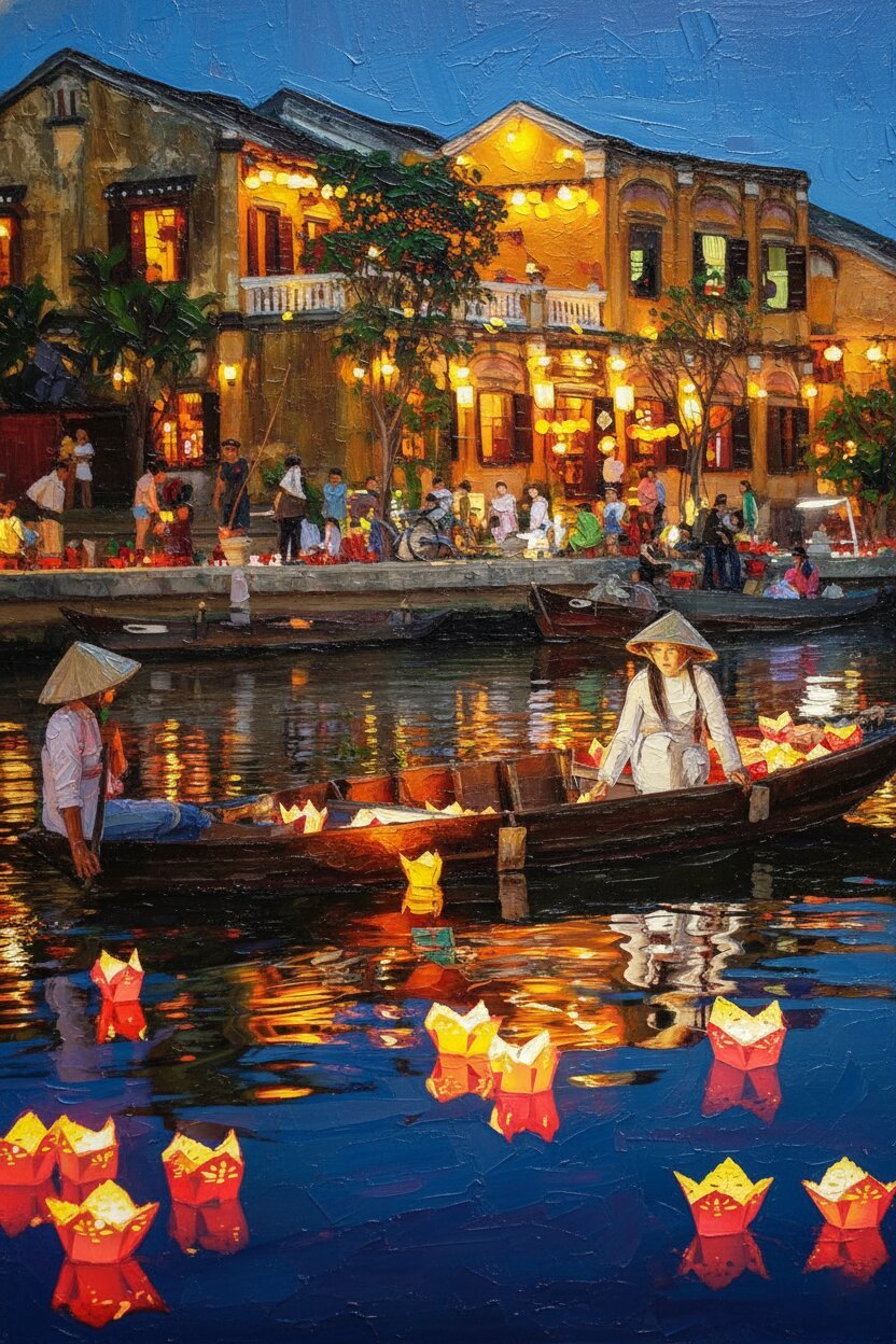 Handmade oil painting of Hoi An ancient town lantern festival along the Thu Bon river at night