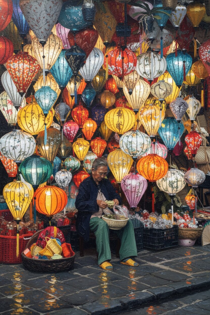 Handmade oil painting of the mesmerizing lantern market in Hoi An ancient town at night