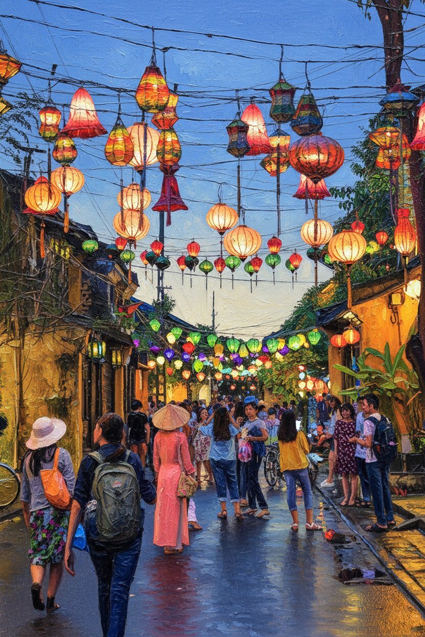 Handmade oil painting of enchanting lantern street festival in Hoi An with Ao Dai woman