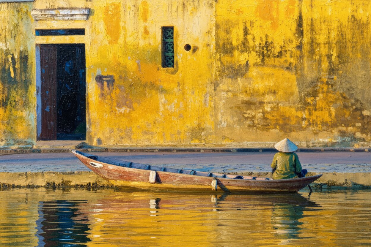 Handmade oil painting of Hoi An golden yellow heritage buildings along the riverside with wooden boats