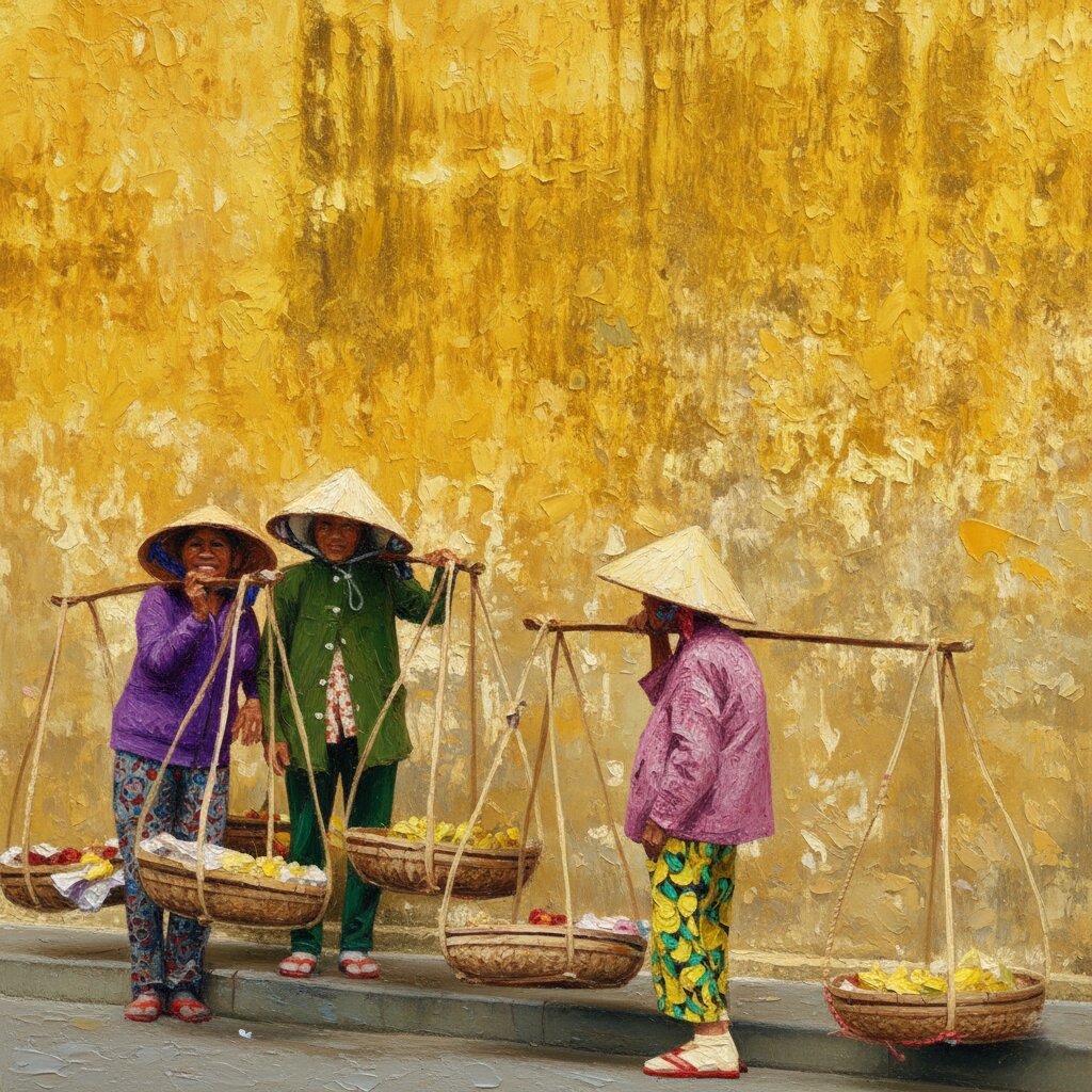 Handmade oil painting of traditional street vendors with conical hats in Hoi An market