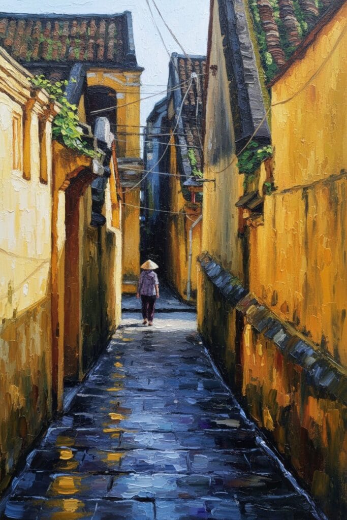 Handmade oil painting of atmospheric yellow alleyway in Hoi An ancient town after rain