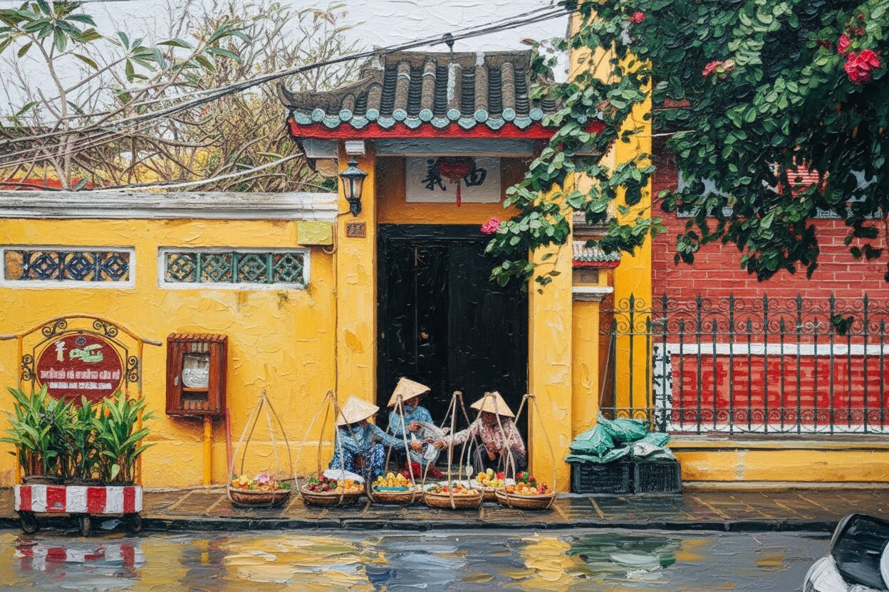 Handmade oil painting of the heritage gateway entrance to Hoi An ancient town with yellow walls
