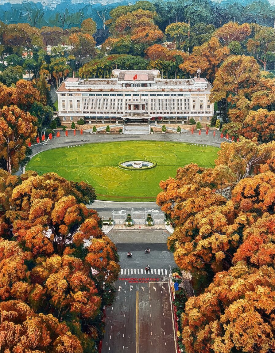 Handmade oil painting of panoramic view of Independence Palace with autumn trees in Saigon