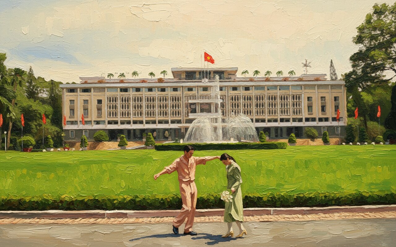 Handmade oil painting of elegant couple dancing before the Independence Palace fountain in Saigon