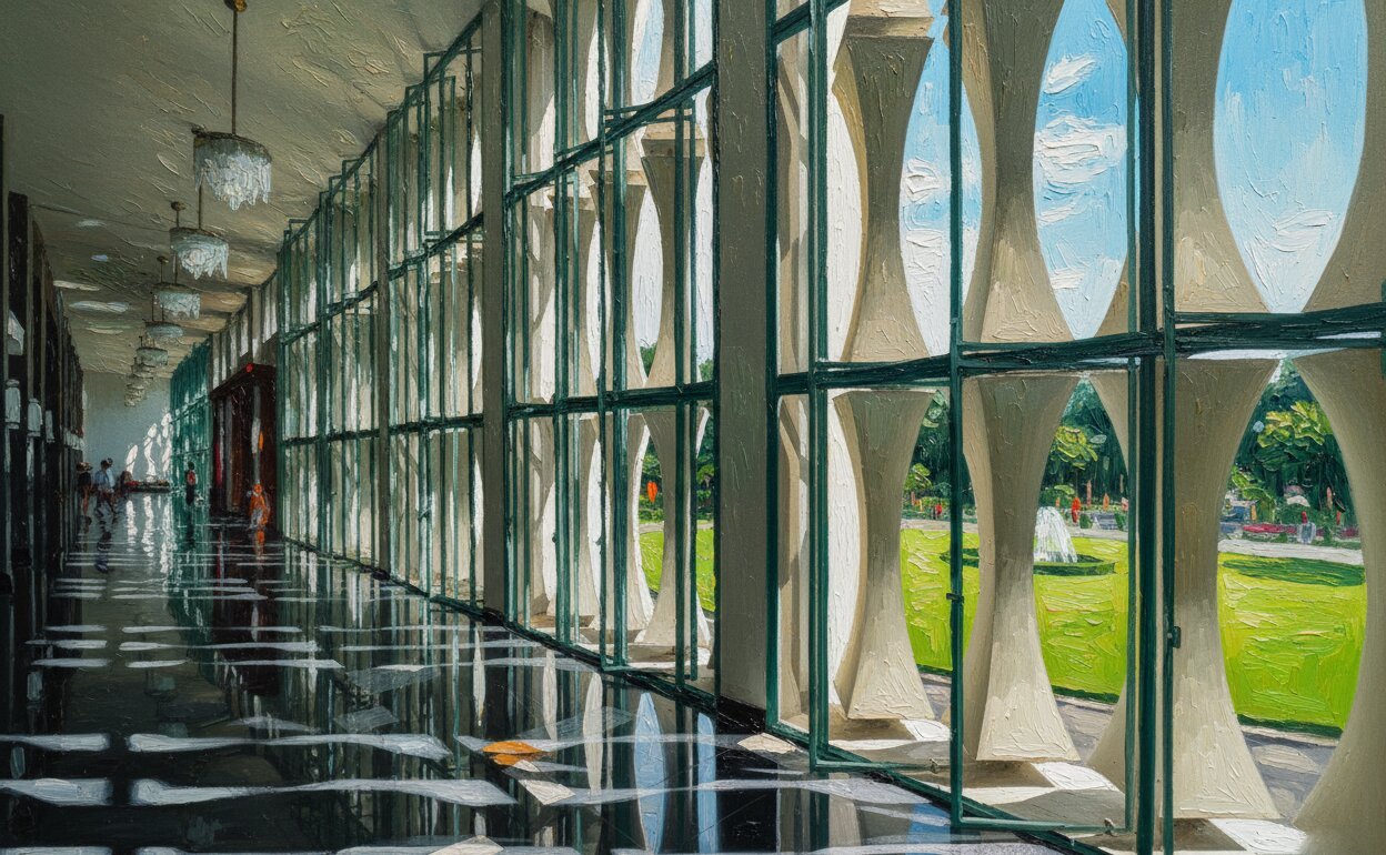 Handmade oil painting of the sunlit interior corridor of Independence Palace with concrete sunshades