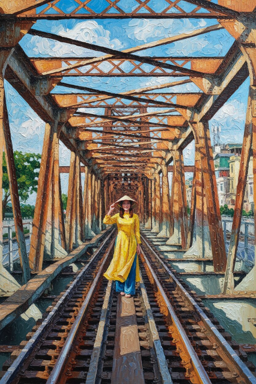 Handmade oil painting of woman in yellow Ao Dai walking on Long Bien Bridge railway tracks