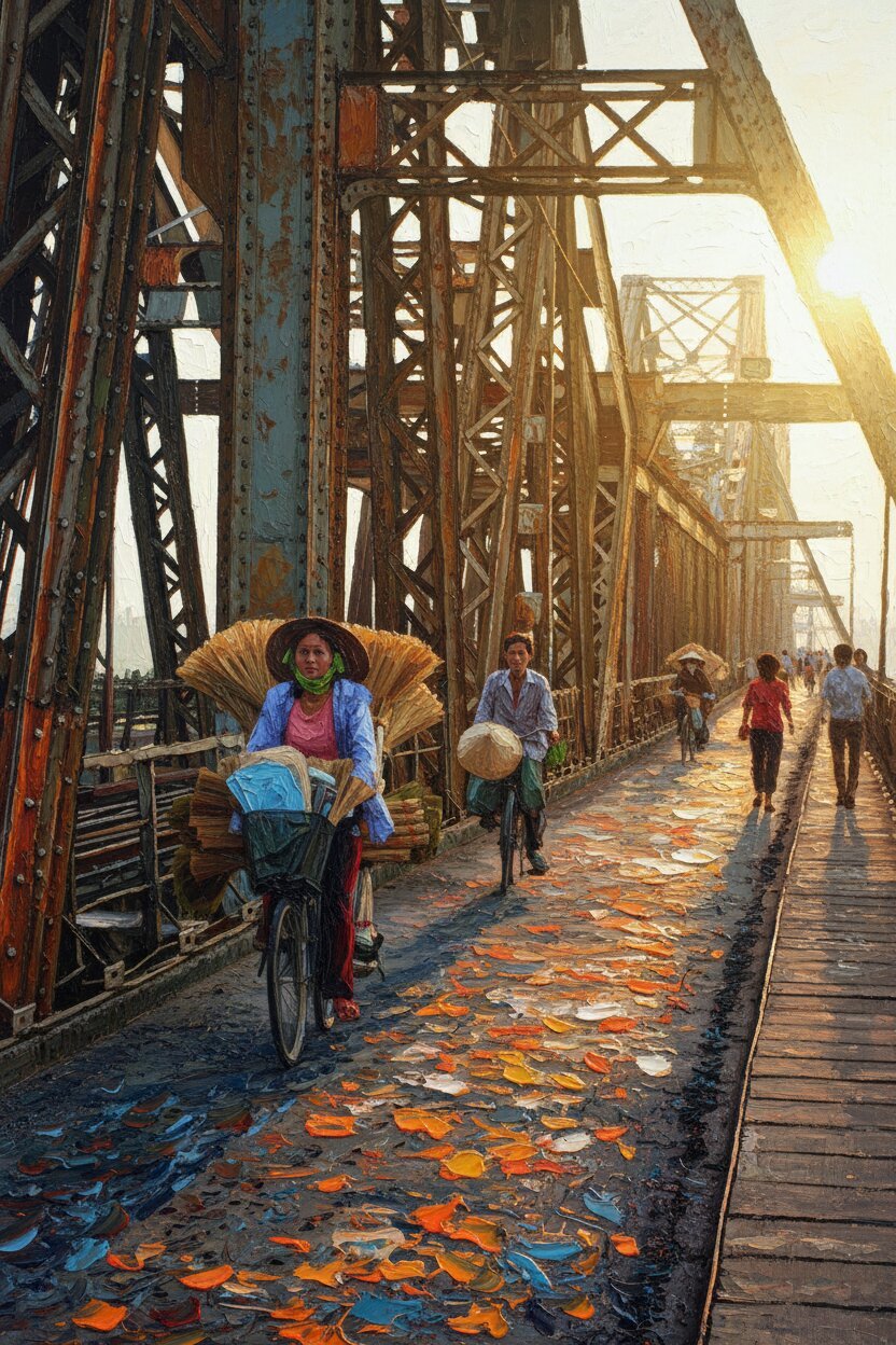 Handmade oil painting of morning bicycle commute across Long Bien Bridge in golden sunlight