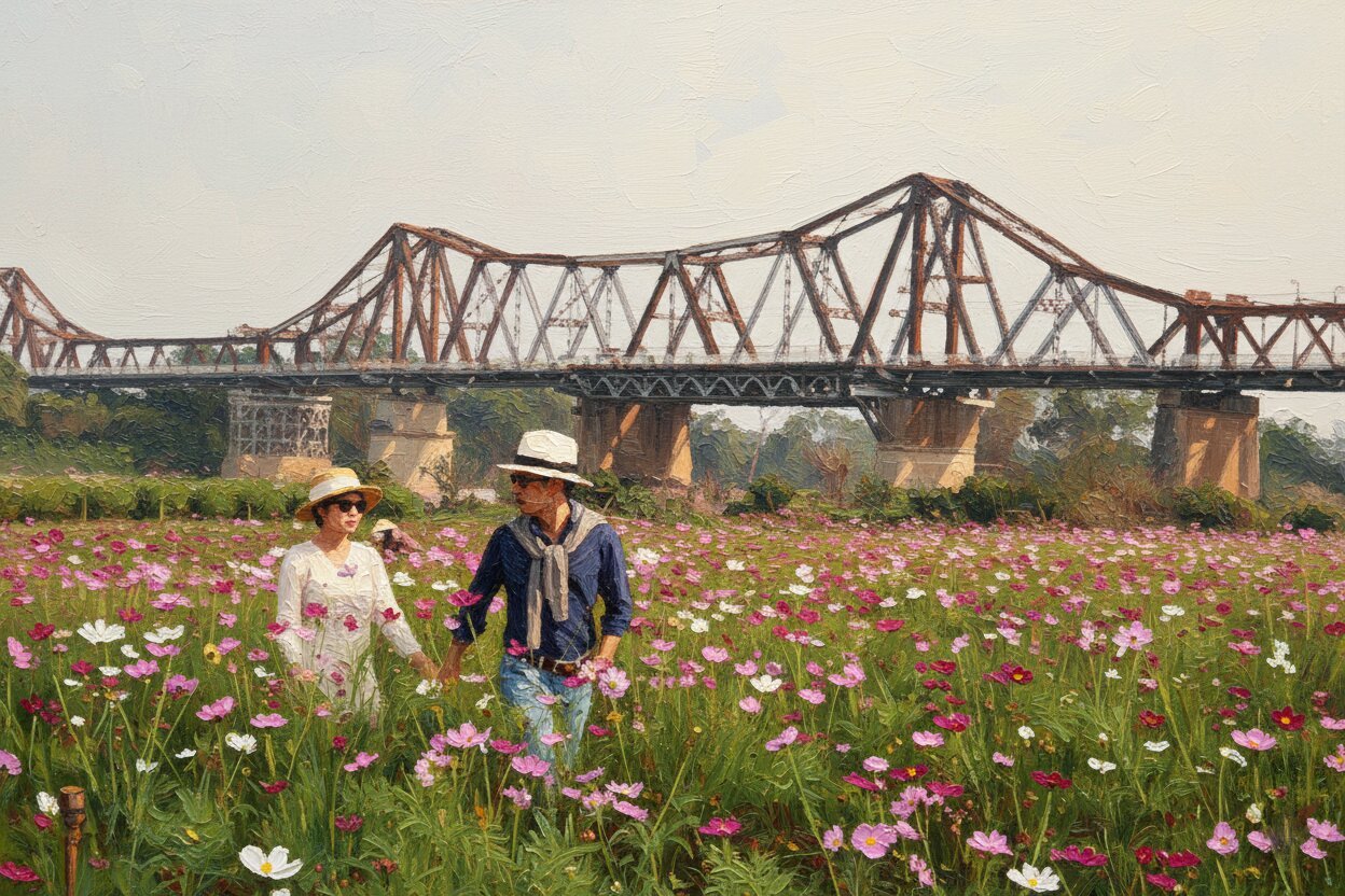 Handmade oil painting of couple walking through cosmos flower field near Long Bien Bridge Hanoi