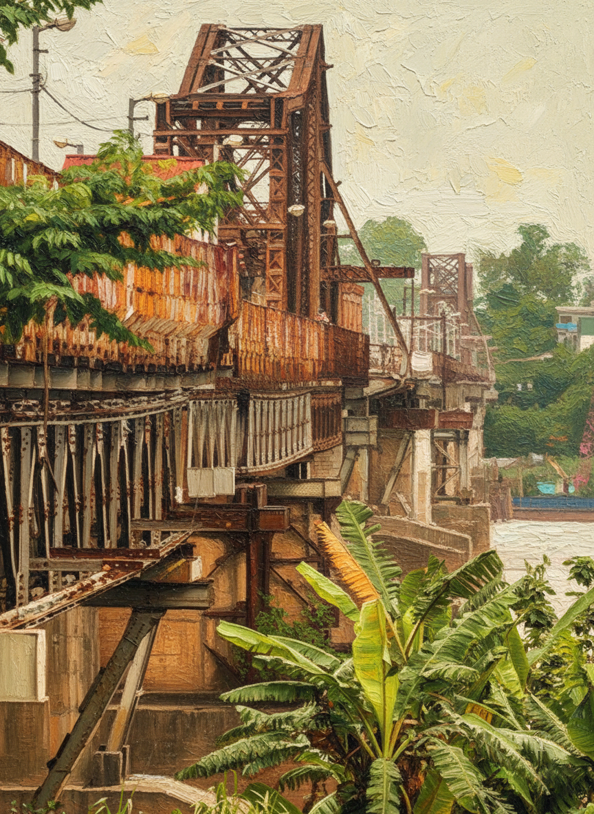 Long Bien Bridge Oil Painting captures Hanoi's historic charm, perfect for unique home decor. Handcrafted by Artwork Vietnam's skilled artists.