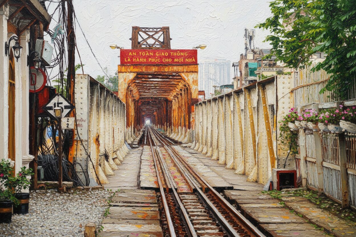 Handmade oil painting of the historic railway tracks on Long Bien Bridge with red banner