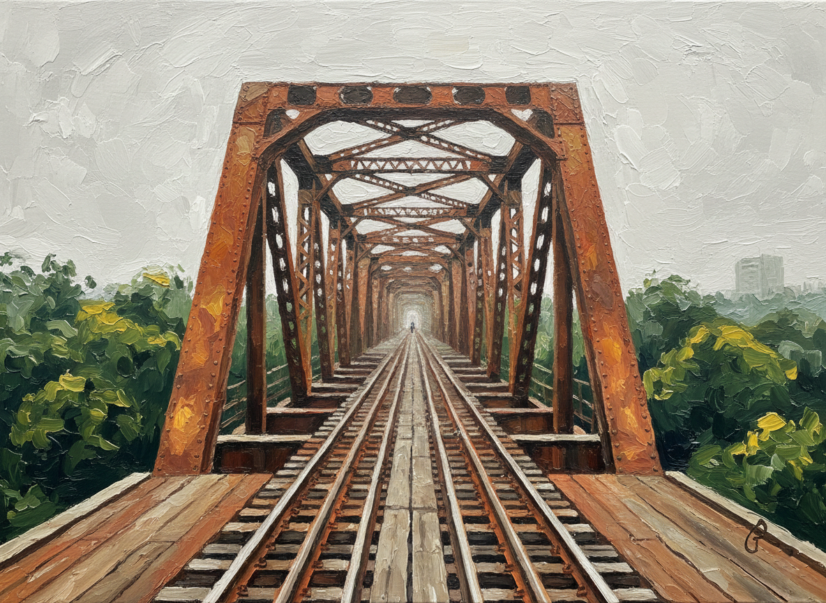 Celebrate Hanoi's charm with this Long Bien Bridge Oil Painting, crafted by Vietnamese artists for meaningful and authentic home or office decor.