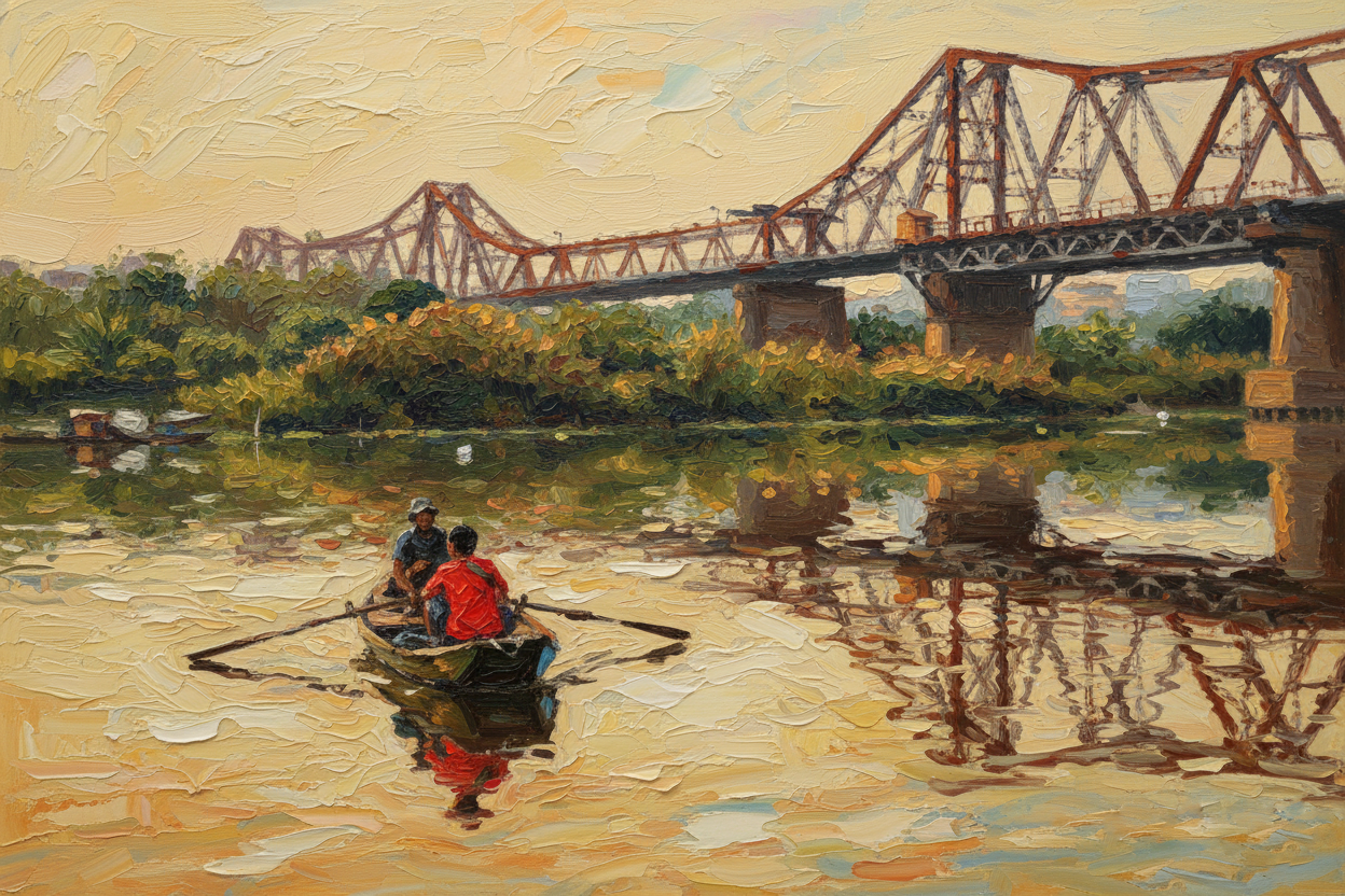 Long Bien Bridge Oil Painting by Artwork Vietnam. Capture iconic Hanoi heritage with authentic handmade art for your interior or perfect as a keepsake.