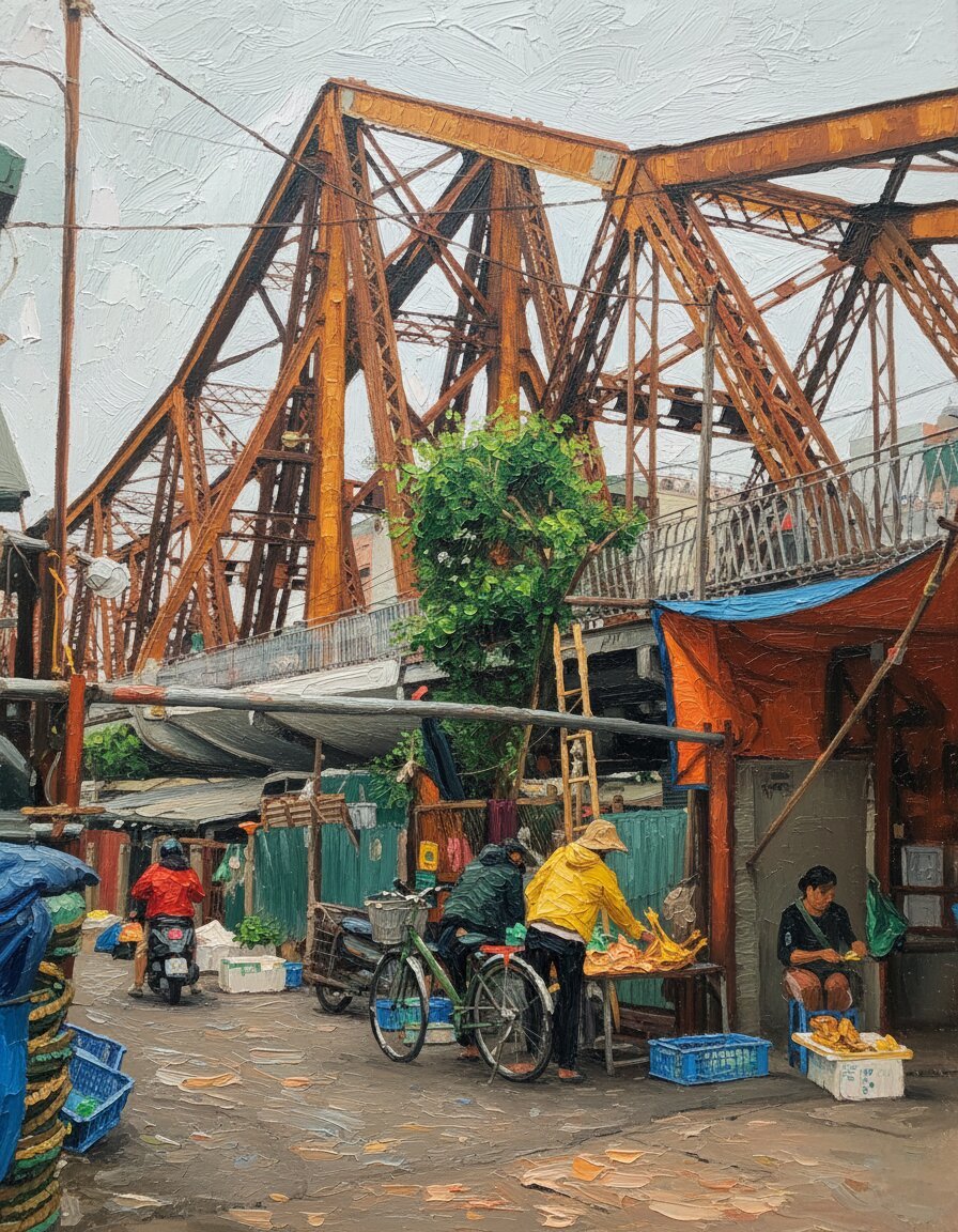 Handmade oil painting of the atmospheric Long Bien Bridge with street market in Hanoi
