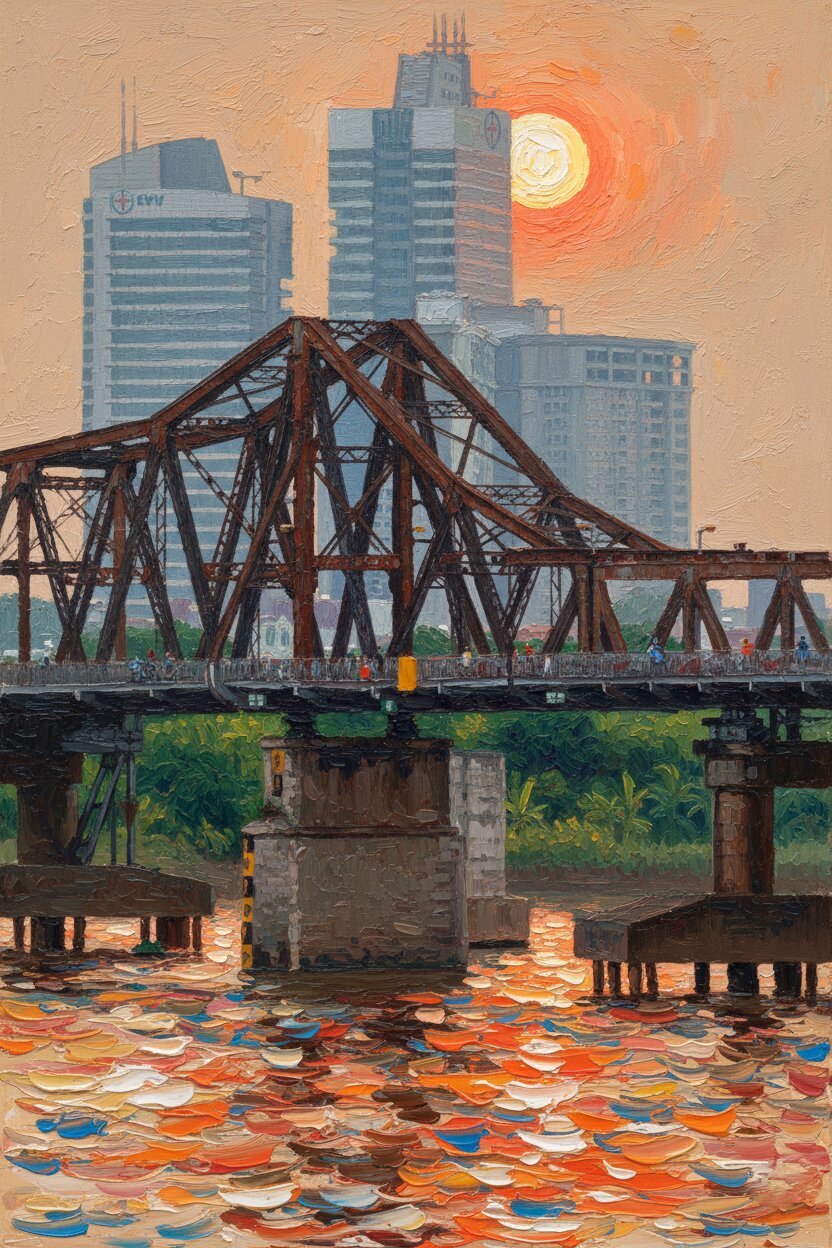 Handmade oil painting of Long Bien Bridge at sunset with modern Hanoi skyline silhouette