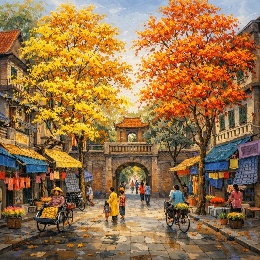 Handmade oil painting of historic Hanoi Old Quarter gate framed by golden and red autumn trees